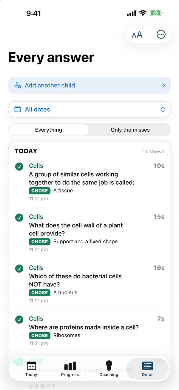 The Every answer tab: each question, what they chose and how long they took