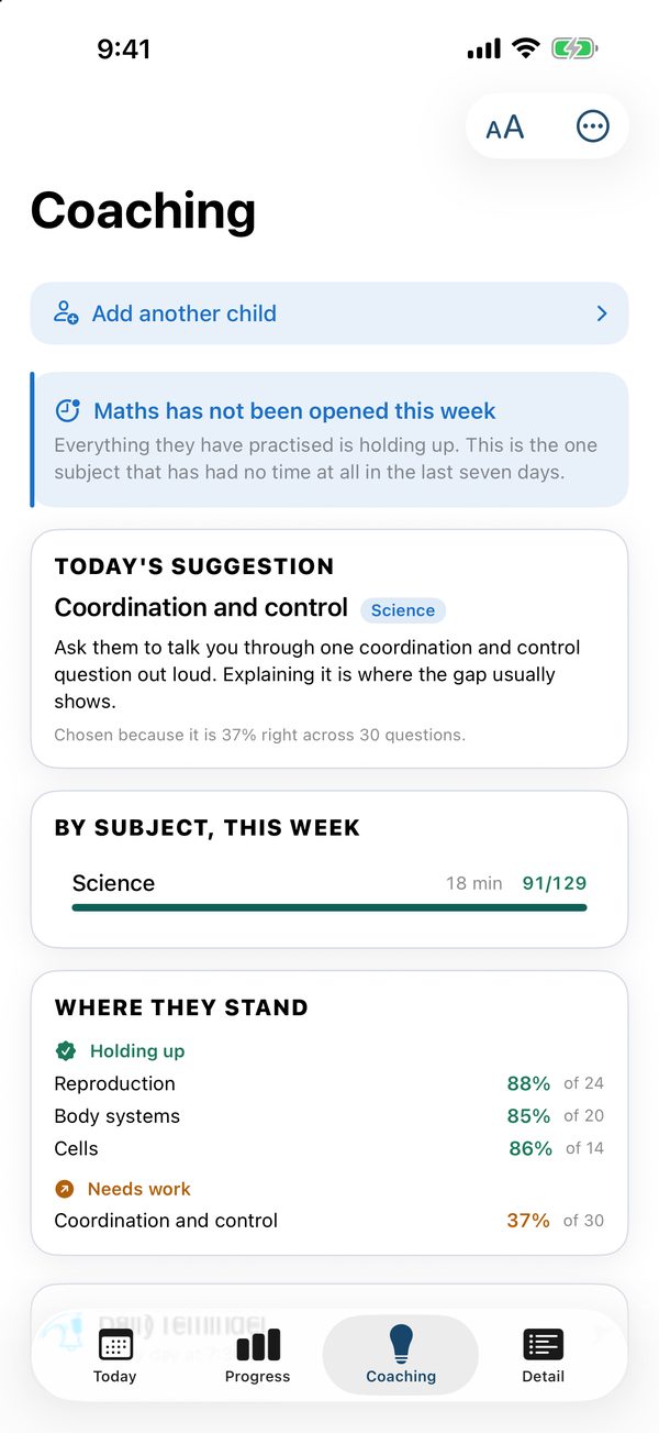 The Coaching tab: a suggested conversation and where they stand by topic